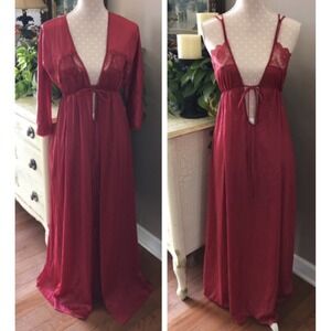 Vtg Red Texsheen Peignor Nightgown & Robe Sexy Lingerie Set Lace Detail Size M